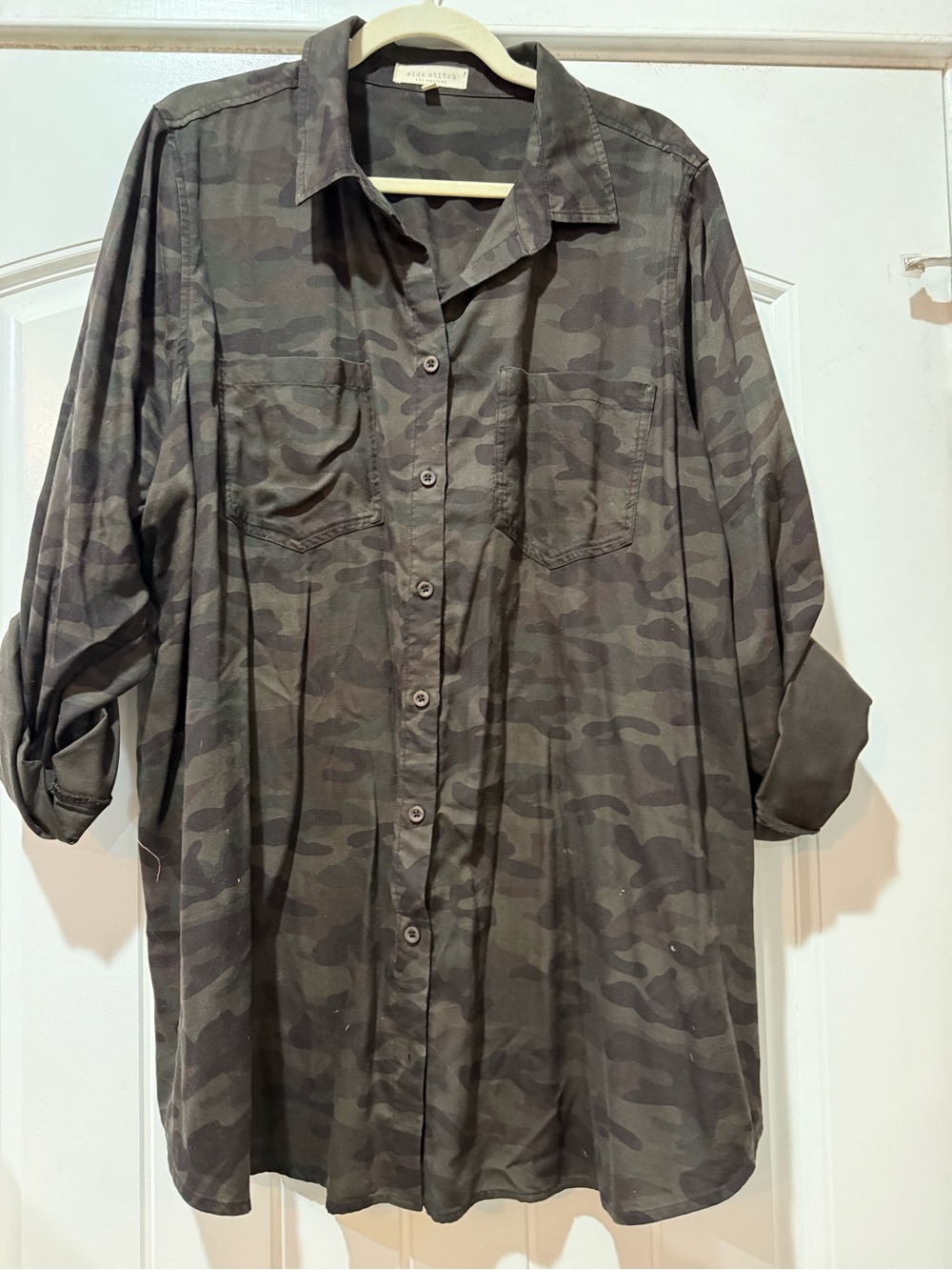 Side Stitch Women's Camo Button-Down Shirt in Olive Green and Black